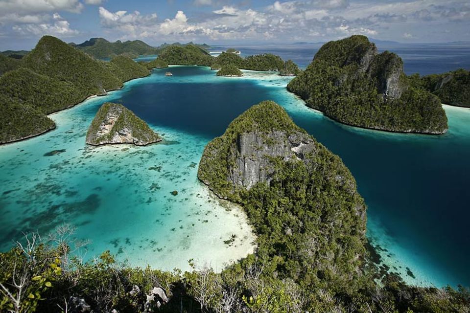 Raja Ampat: Wie Drachenrücken strecken sich die bewaldeten Kalksteinfelsen in der flachen See des Inselreichs aus. Menschen leben hier kaum. Dafür umso mehr Meeresschildkröten, Clownfische und Paradiesvögel Raja Ampat: Wie Drachenrücken strecken sich die bewaldeten Kalksteinfelsen in der flachen See des Inselreichs aus. Menschen leben hier kaum. Dafür umso mehr Meeresschildkröten, Clownfische und Paradiesvögel