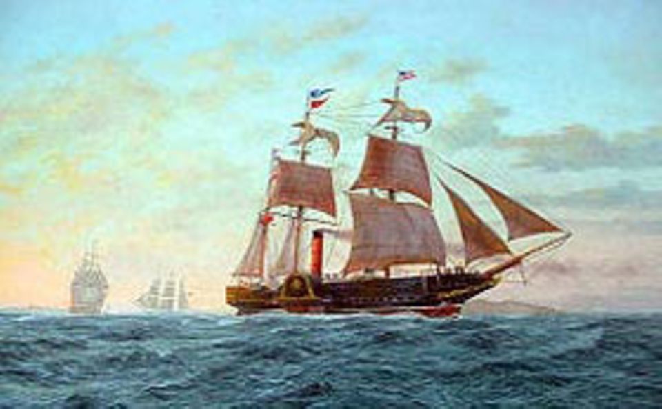Industrielle Revolution: Der kanadische Reeder Samuel Cunard leitet eine neue Epoche der Schifffahrt ein. Sein erstes Schiff, der 1840 fertig gestellte Dampfer „Britannia“, hat drei Masten für Hilfssegel und legt die Strecke von Großbritannien nach Amerika in 13 Tagen zurück Industrielle Revolution: Der kanadische Reeder Samuel Cunard leitet eine neue Epoche der Schifffahrt ein. Sein erstes Schiff, der 1840 fertig gestellte Dampfer „Britannia“, hat drei Masten für Hilfssegel und legt die Strecke von Großbritannien nach Amerika in 13 Tagen zurück