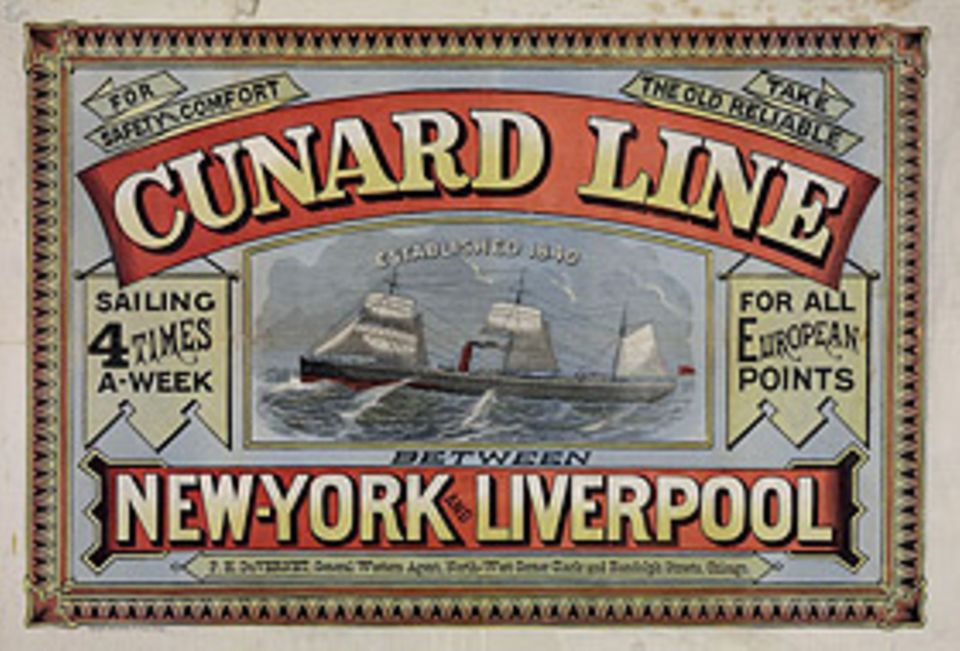 Industrielle Revolution: Die Verbindung der britischen Cunard Line über den Atlantik gilt als schnell, sicher und komfortabel: Werbeplakat, um 1875 Industrielle Revolution: Die Verbindung der britischen Cunard Line über den Atlantik gilt als schnell, sicher und komfortabel: Werbeplakat, um 1875