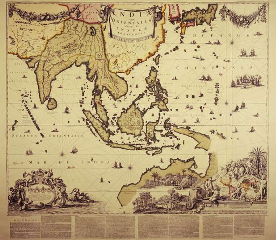 Geschichte Spaniens: Spaniens Nachbar Portugal erwirbt bedeutenden Kolonialbesitz im Pazifikraum, etwa das chinesische Macau, die Molukken und Teile Indiens. Als Philipp II. 1581 auch in Lissabon zum König gekrönt wird, fallen diese Territorien an das spanische Weltreich (Karte aus dem 17. Jh.) Geschichte Spaniens: Spaniens Nachbar Portugal erwirbt bedeutenden Kolonialbesitz im Pazifikraum, etwa das chinesische Macau, die Molukken und Teile Indiens. Als Philipp II. 1581 auch in Lissabon zum König gekrönt wird, fallen diese Territorien an das spanische Weltreich (Karte aus dem 17. Jh.)