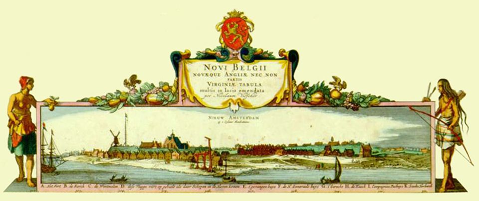 New York 1625-1945: Seinen Bericht über Nieuw Amsterdam illustriert van der Donck mit einem geschönten Bild der Stadt. Die Ansicht ist Teil seiner politischen Strategie und soll Siedler zur Auswanderung in die Kolonie bewegen New York 1625-1945: Seinen Bericht über Nieuw Amsterdam illustriert van der Donck mit einem geschönten Bild der Stadt. Die Ansicht ist Teil seiner politischen Strategie und soll Siedler zur Auswanderung in die Kolonie bewegen