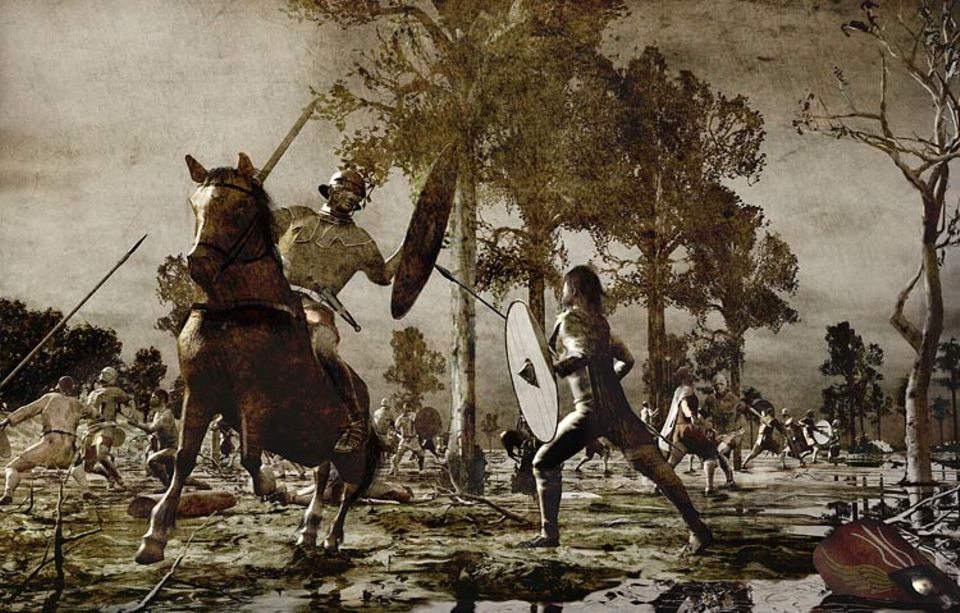 Die Germanen: An der schmalsten Stelle zwischen Gebirge und Moor brechen die Germanen am dritten Kampftag hinter einem mächtigen Erdwall hervor und greifen die geschwächte römische Armee an. Nur wenige Legionäre können entkommen Die Germanen: An der schmalsten Stelle zwischen Gebirge und Moor brechen die Germanen am dritten Kampftag hinter einem mächtigen Erdwall hervor und greifen die geschwächte römische Armee an. Nur wenige Legionäre können entkommen