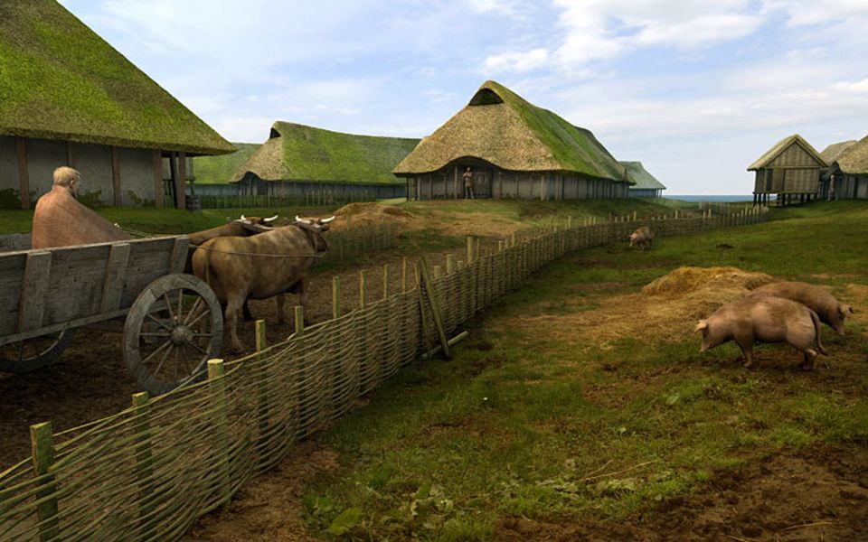 Die Germanen: Über befestigte Wege, die zwischen den mit Flechtwerk eingezäunten Gehöften verlaufen, gelangen Menschen und Rindergespanne zum zentralen Dorfplatz auf der dem Meer zugewandten Seite der Wurt. Zu jedem Hof gehört ein reetgedecktes Wohn- und Stallhaus und ein auf Stelzen errichteter Speicher, in den die Bauern die Ernte einbringen: Auf den hohen Ufern der Priele gedeihen Gerste, Hafer, Emmer und Feldbohnen Die Germanen: Über befestigte Wege, die zwischen den mit Flechtwerk eingezäunten Gehöften verlaufen, gelangen Menschen und Rindergespanne zum zentralen Dorfplatz auf der dem Meer zugewandten Seite der Wurt. Zu jedem Hof gehört ein reetgedecktes Wohn- und Stallhaus und ein auf Stelzen errichteter Speicher, in den die Bauern die Ernte einbringen: Auf den hohen Ufern der Priele gedeihen Gerste, Hafer, Emmer und Feldbohnen