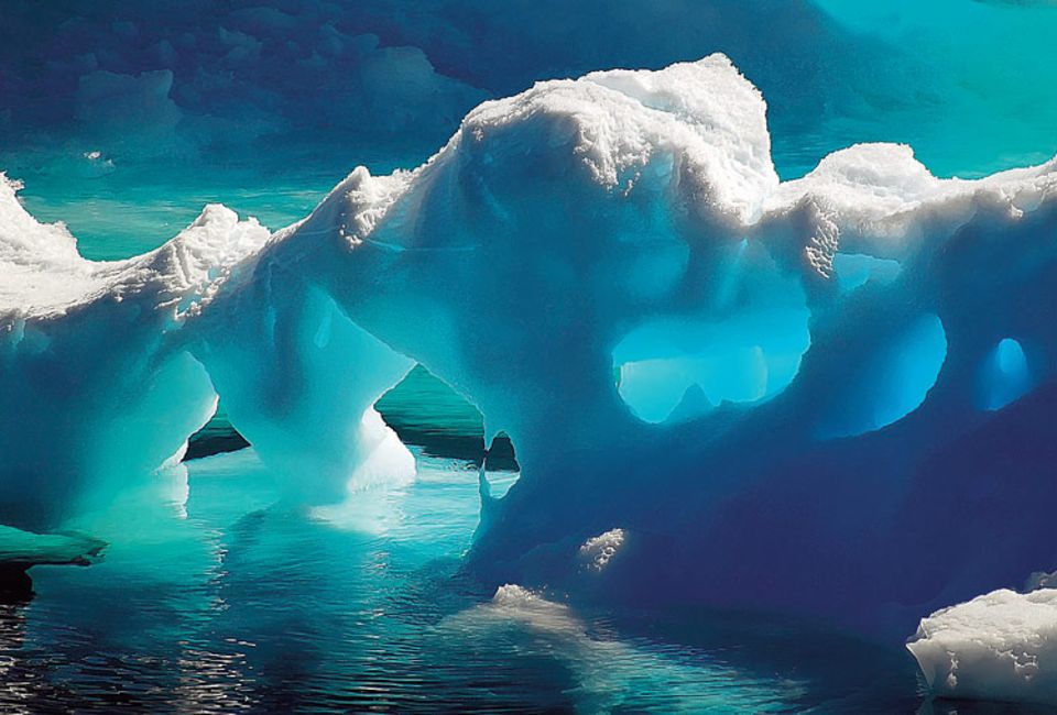 Tiefblaues Wasser, gleißendes Licht und ein löchriger Riese: GEO-Leser Armin Rose entdeckte diesen schmelzenden Eisberg im Norden der antarktischen Halbinsel, wo der Wilhelmshavener als Biologe an Bord des Forschungs-Eisbrechers "Polarstern" arbeitete. Mit dem Bild hat er den Online-Wettbewerb auf GEO.de im Februar gewonnen