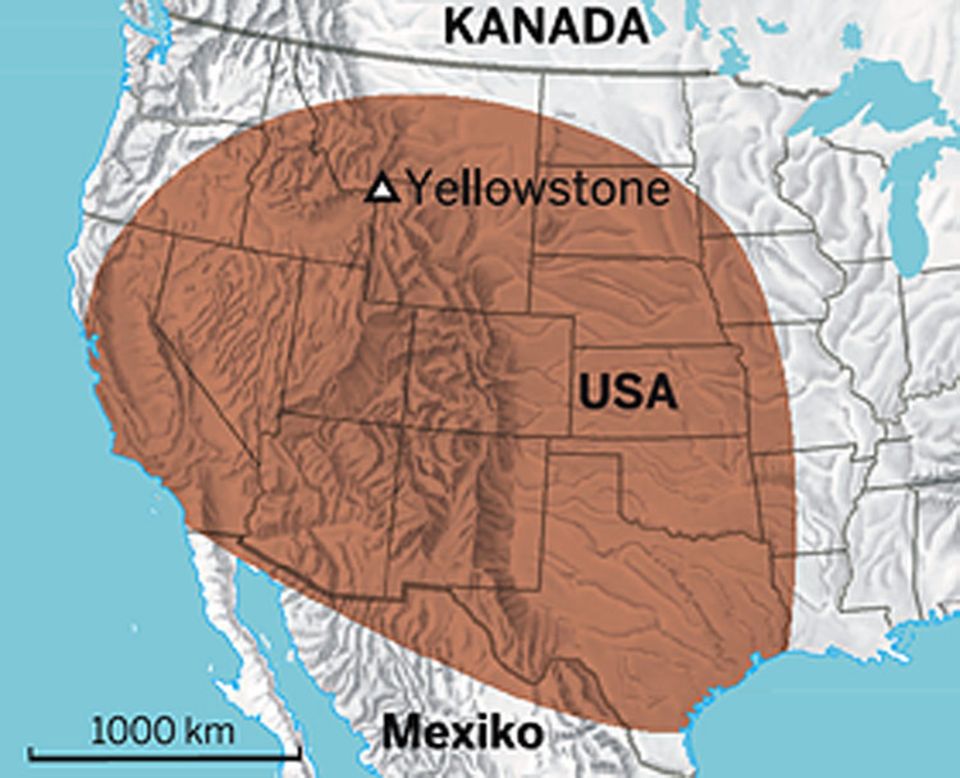 Naturgewalten: Vor 640 000 Jahren verwandelte ein gigantischer Vulkanausbruch das Gebiet des heutigen Yellostone-Nationalpark in eine fahle Mondlandschaft. Aus dem Krater flossen mindestens 27 Lavaströme. Asche bedeckte weite Teile Nordamerikas (braune Fläche) mit einer bis zu 30 Zentimeter starken Schicht