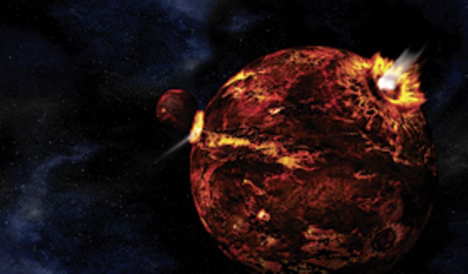 Naturgewalten: Erde und Mond, vor 4,43 Milliarden Jahren. Zwei Glutbälle, deren Oberfläche brüchig und durch Meteoritenschläge aufgerissen ist. Noch gibt es keine Atmosphäre, kein Wasser, kein Leben Naturgewalten: Erde und Mond, vor 4,43 Milliarden Jahren. Zwei Glutbälle, deren Oberfläche brüchig und durch Meteoritenschläge aufgerissen ist. Noch gibt es keine Atmosphäre, kein Wasser, kein Leben