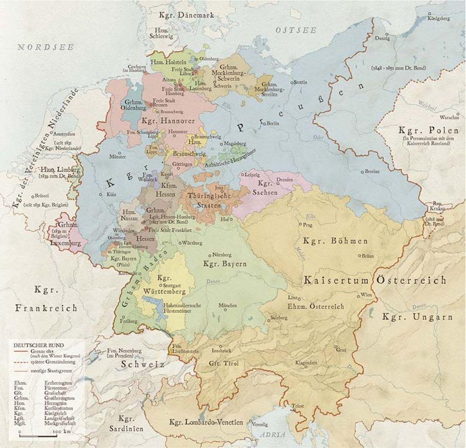 Die Deutsche Romantik: Ende des 18. Jahrhunderts ist das Heilige Römische Reich in Hunderte weltliche und geistliche, weitgehend selbstständige Fürstentümer zergliedert. 1806 jedoch muss Kaiser Franz II. auf Druck des siegreichen Franzosen Napoleon die Krone niederlegen, das römisch-deutsche Reich existiert nicht mehr. Erst nach dem Ende der Franzosenherrschaft gründet sich aus dessen Trümmern 1815 der Deutsche Bund, in dem Preußen und Österreich das 38 Mitglieder zählende Bündnis flächenmäßig dominieren
