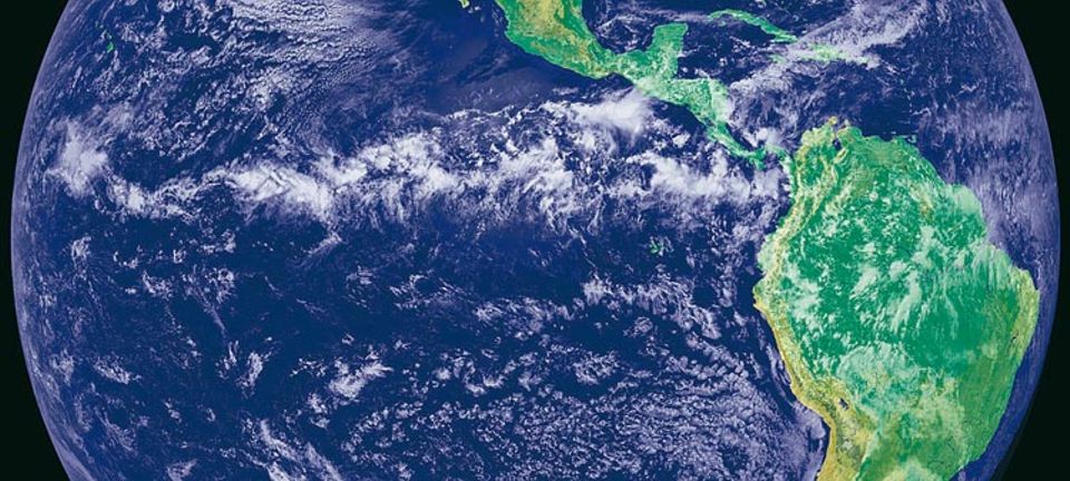 Deutlich sichtbar ist der äquatoriale Regenring. Früher berührte er auch die Galápagos-Inseln rechts der Bildmitte, eine heute aride Region Deutlich sichtbar ist der äquatoriale Regenring. Früher berührte er auch die Galápagos-Inseln rechts der Bildmitte, eine heute aride Region