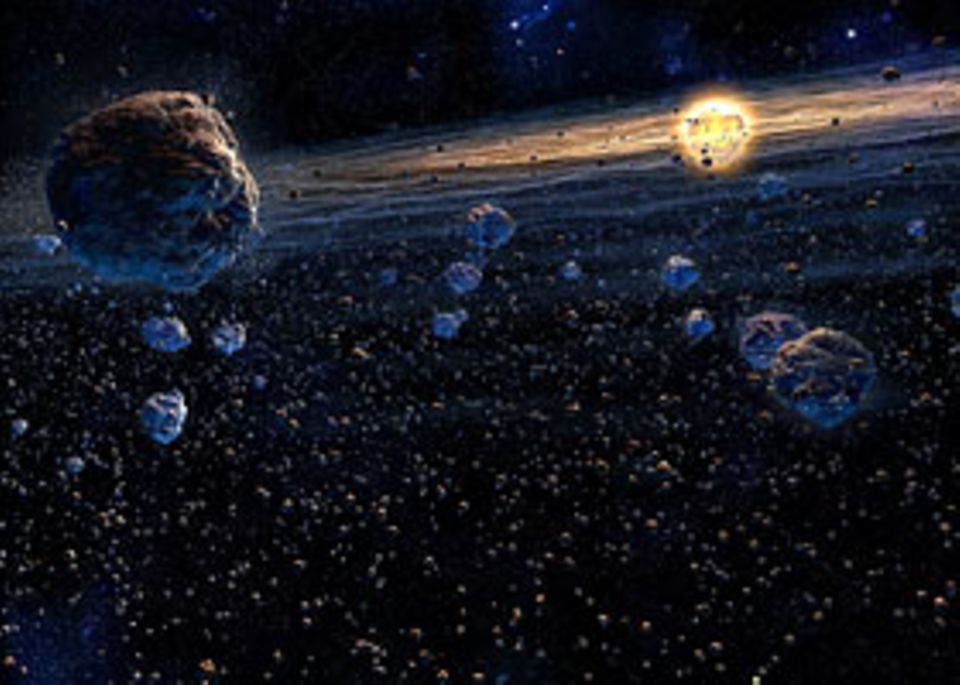 Das Sonnensystem: Die Sonne zündet: In ihrem Inneren ist es so heiß geworden, dass Atome miteinander verschmelzen und Licht ausstrahlen. Das Zentralgestirn hat jetzt mehr als 99 Prozent der scheibenförmigen Gaswolke in sich aufgesogen. Die verbliebenen Staubteilchen umkreisen die Sonne, prallen gegeneinander und verkleben dabei: Brocken, Steine, Felsen bilden sich
