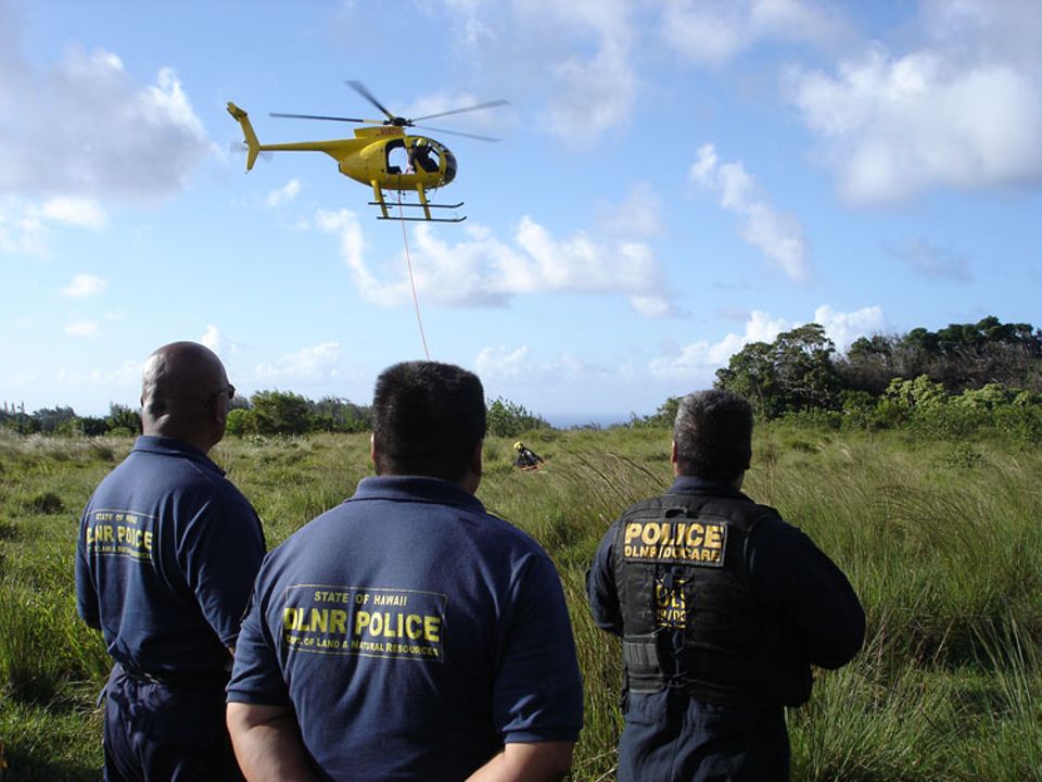 Randy Awo und seine Einsatzleiter beobachten die laufende Mission von der Landezone am Waldrand aus Randy Awo und seine Einsatzleiter beobachten die laufende Mission von der Landezone am Waldrand aus