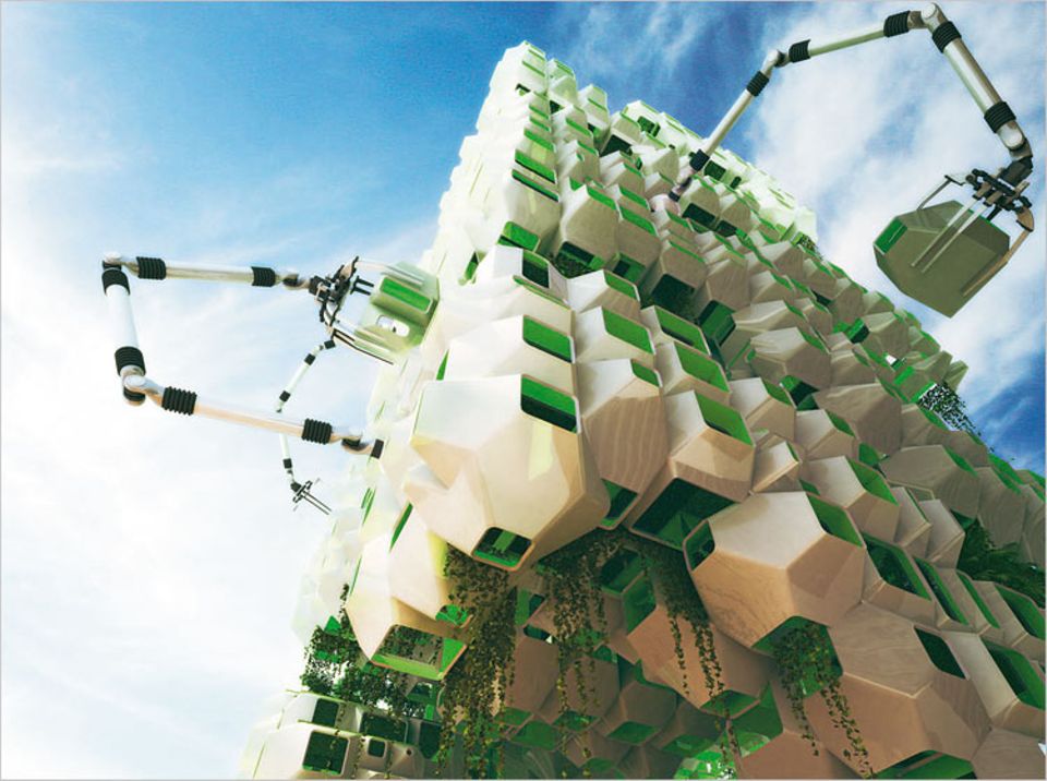Architektur: In durchsichtigen Fassadenelementen aus Kunststoff sollen die Algen Biomasse bilden, die über Leitungen in den Keller gepumpt wird