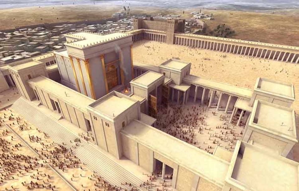 Jerusalem: Die inneren Tempelgebäude liegen jenseits einer unscheinbaren Steinbalustrade (unten links), hinter die bei Todesstrafe kien Nicht-Jude treten darf. Jüdische Frauen müssen in einem Vorhof warten (rechts), während die Männer vor dem goldverzierten eigentlichen Tempel Priestern ihre Tiere für das Brandopfer übergeben. Das Allerheiligste im hinteren Teil des Bauwerks betritt niemand außer dem Hohepriester - und auch der nur einmal im Jahr Jerusalem: Die inneren Tempelgebäude liegen jenseits einer unscheinbaren Steinbalustrade (unten links), hinter die bei Todesstrafe kien Nicht-Jude treten darf. Jüdische Frauen müssen in einem Vorhof warten (rechts), während die Männer vor dem goldverzierten eigentlichen Tempel Priestern ihre Tiere für das Brandopfer übergeben. Das Allerheiligste im hinteren Teil des Bauwerks betritt niemand außer dem Hohepriester - und auch der nur einmal im Jahr