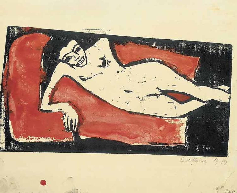 Für die Brücke-Künstler ist der nackte Leib Ausdruck eines seligen Urzustands vor aller zivilisatorischen Entfremdung. Das Werk "Fränzi liegend" führt Erich Heckel 1910 in der alten Kunstform des Holzschnitts aus, die die Brücke-Mitglieder wiederbeleben