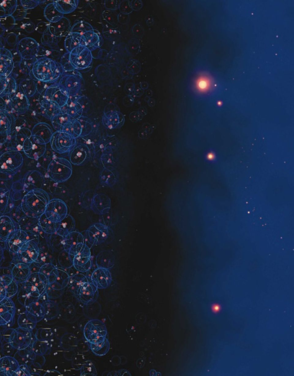 Unser All entsteht aus einem winzigen Punkt ungeheurer Hitze und Dichte, der vor 13,7 Milliarden Jahren explodiert. Der Kosmos dehnt sich aus, schon bald entstehen Partikel, die sich nach 380 000 Jahren zu ersten Atomen zusammenfügen