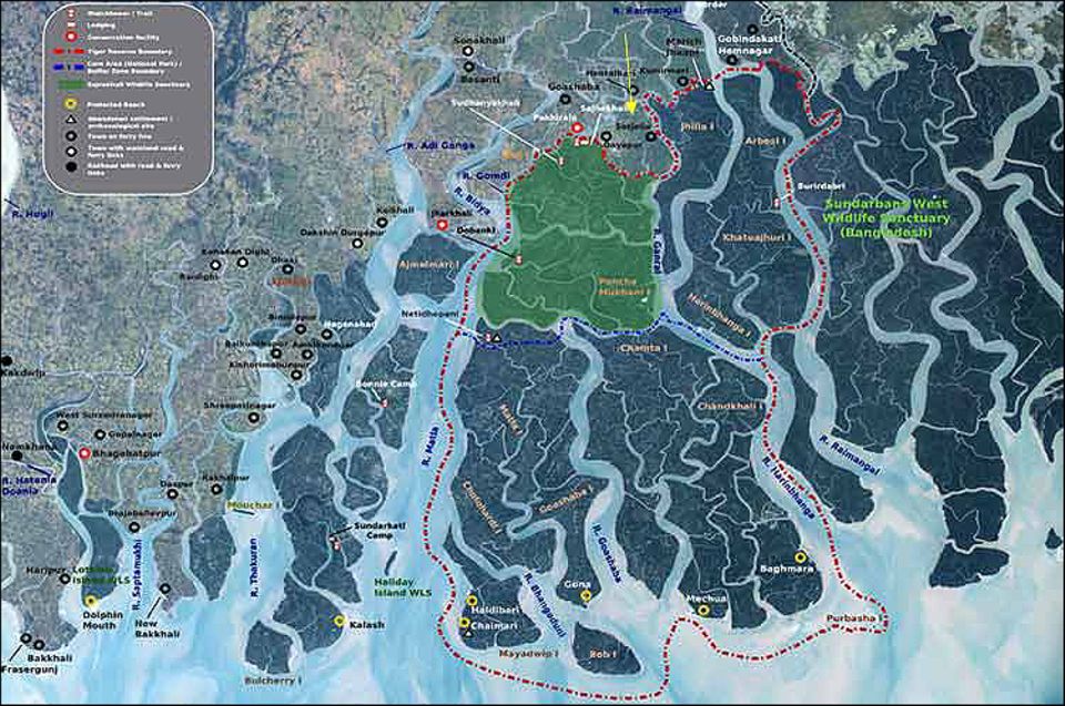 Indien: Das Projektgebiet im indischen Bundesstaat Westbengalen (gelber Pfeil) liegt unmittelbar nördlich des 1.330 Quadratkilometer großen Nationalparks Sundarbans (rot umrandet) Indien: Das Projektgebiet im indischen Bundesstaat Westbengalen (gelber Pfeil) liegt unmittelbar nördlich des 1.330 Quadratkilometer großen Nationalparks Sundarbans (rot umrandet)