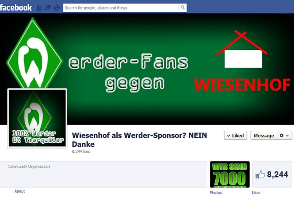 Screenshot der Facebookseite "Wiesenhof als Werder-Sponsor? Nein, danke!" Hier protestieren Fußballfans und Tierschützer gegen das geplante Sponsoring Screenshot der Facebookseite "Wiesenhof als Werder-Sponsor? Nein, danke!" Hier protestieren Fußballfans und Tierschützer gegen das geplante Sponsoring
