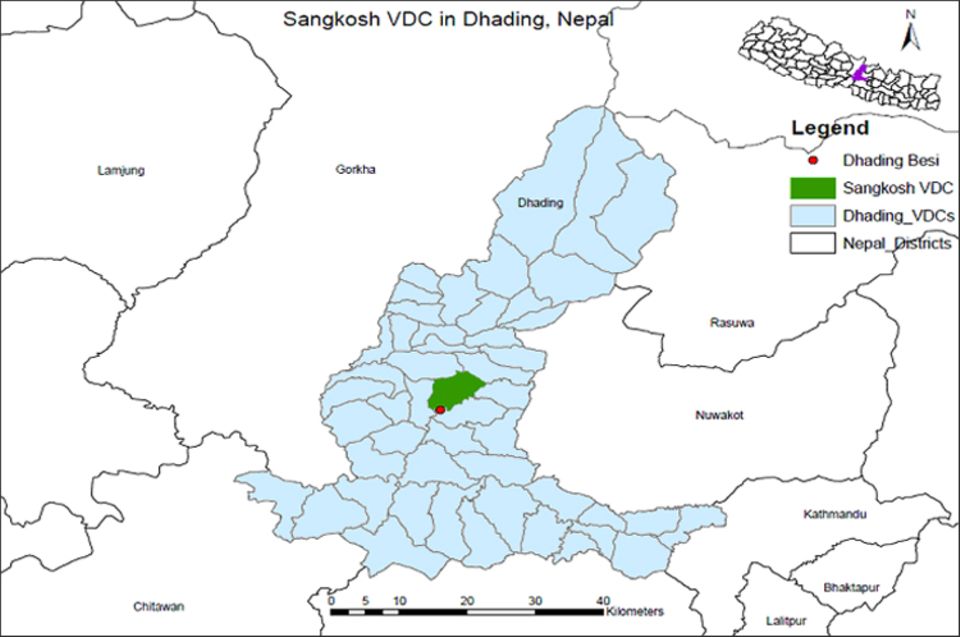 Nepal: Lage des Projektgebiets Sankosh (grün) nördlich von Dhading Besi (roter Punkt), im Zentrum des Distrikts Dhading (blau) Nepal: Lage des Projektgebiets Sankosh (grün) nördlich von Dhading Besi (roter Punkt), im Zentrum des Distrikts Dhading (blau)