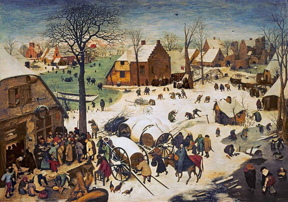 Kunstgeschichte: Der Schein der heilen Welt: Wie eine simple winterliche Dorfszene wirkt Bruegels Gemälde von 1566 - wäre da nicht die Frau auf einem Esel am unteren Bildrand: die schwangere Maria, die Hauptfigur der Volkszählungsepisode aus dem Neuen Testament