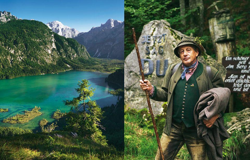 Sommer in den Alpen: Vom sogenannten Ameisenkopf aus, überblicken Wanderer das Almtal. Auf dem Weg dorthin kommen sie auch am Grenzstein zum "Du-Land" vorbei, den Wirt Hermann Hürthmayr hier aufgestellt hat