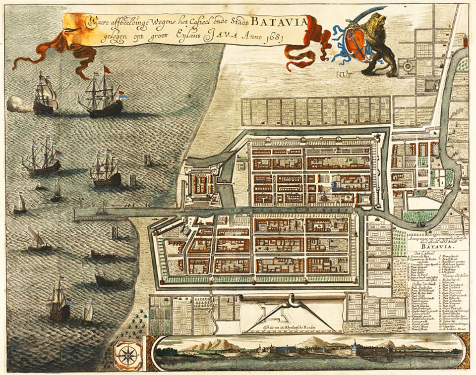 Zuweilen verschaffen sich die Kaufmannskrieger der VOC mit Gewalt Zugang zu Märkten und Häfen. Der Gründung ihres Handelszentrums Batavia (heute Jakarta) 1619 auf der Insel Java gehen schwere Kämpfe gegen Engländer und Einheimische voraus