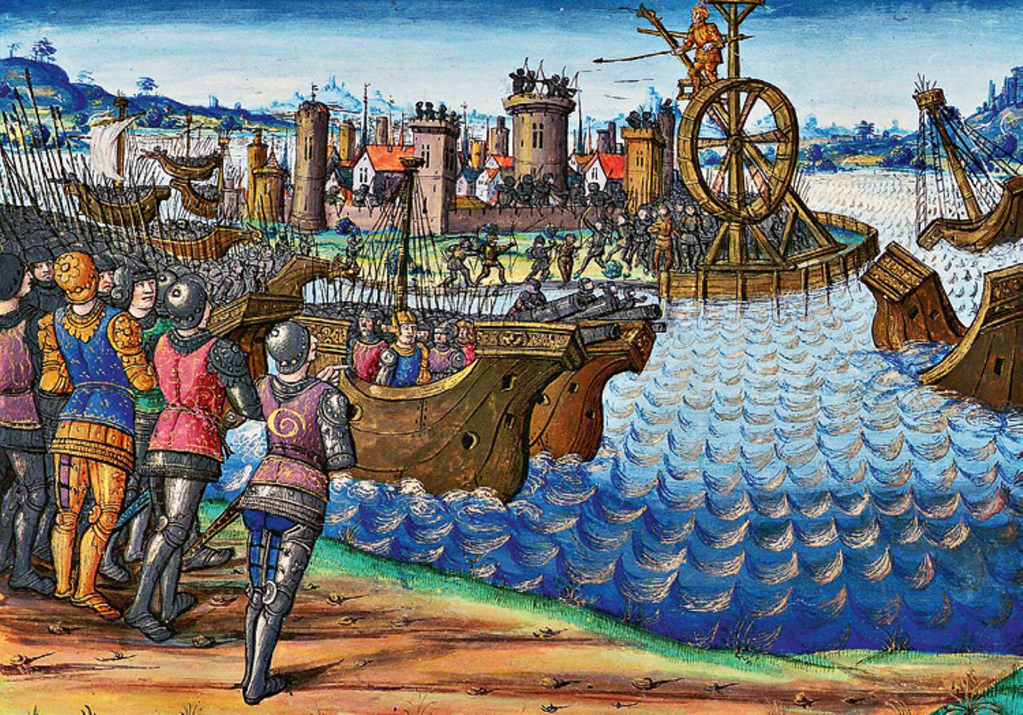 Belagerung von Tyros: Tyros, auf einer Insel nahe der Küste gelegen, ist reich, hat eine starke Flotte – und hohe Mauern. Alexander attackiert die Stadt mit Schiffen, lässt aber auch einen Damm zum Eiland errichten (mittelalterliche Darstellung)