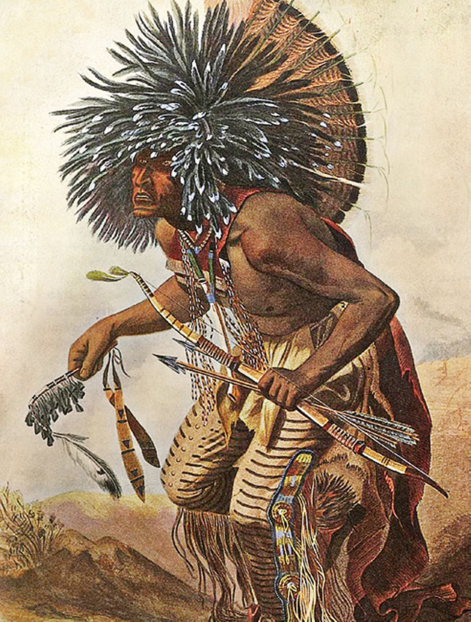 Trapper - 1803-1840: Ritueller Tanz eines Hidatsa- Kriegers. Dieser Stamm gehört zu den Sioux Trapper - 1803-1840: Ritueller Tanz eines Hidatsa- Kriegers. Dieser Stamm gehört zu den Sioux