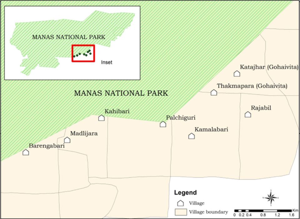 Indien: Lage der acht Projektsiedlungen an der Südgrenze des Manas Nationalparks Indien: Lage der acht Projektsiedlungen an der Südgrenze des Manas Nationalparks