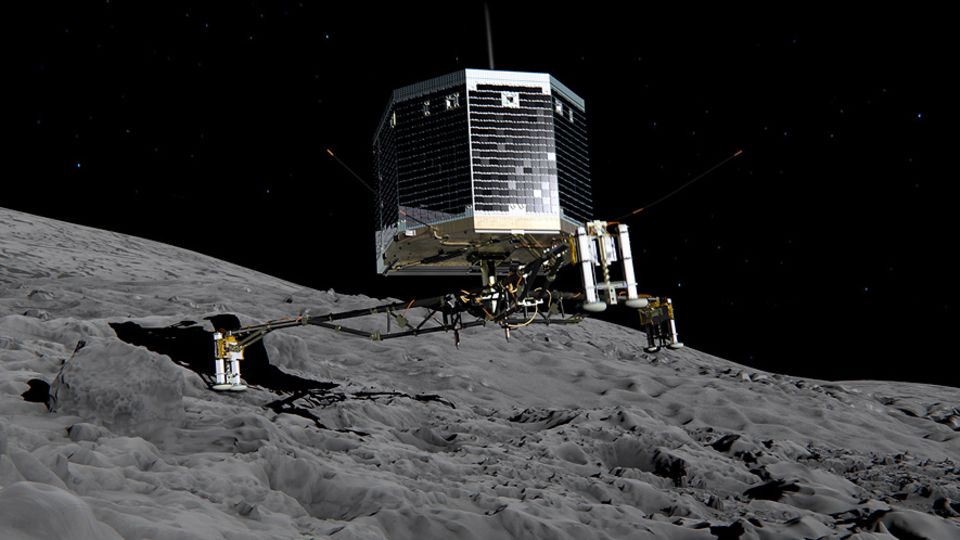Raumsonde Rosetta: Eine Computergrafik zeigt, wie der Lander Philae sich der Oberfläche des Kometen 67P/Churyumov-Gerasimenko (kurz: "Tschuri") nähert Raumsonde Rosetta: Eine Computergrafik zeigt, wie der Lander Philae sich der Oberfläche des Kometen 67P/Churyumov-Gerasimenko (kurz: "Tschuri") nähert