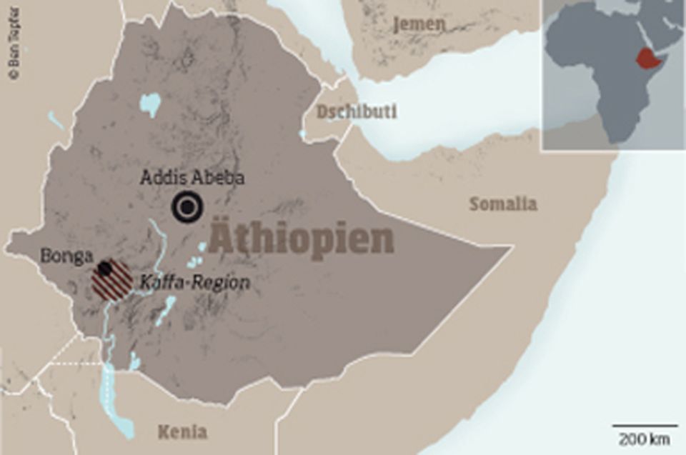 Äthiopien: Die Kaffa-Region (schraffiert) um Bonga im Südwesten Äthiopiens Äthiopien: Die Kaffa-Region (schraffiert) um Bonga im Südwesten Äthiopiens