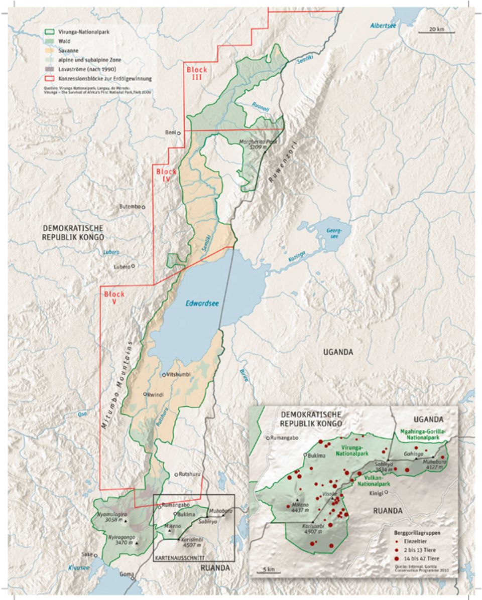 Demokratische Republik Kongo: Der Nationalpark Virunga in der Provinz Nord-Kivu, im Nordosten der D.R. Kongo erstreckt sich über rund 300 Kilometer Länge und bis zu 150 Kilometer Breite