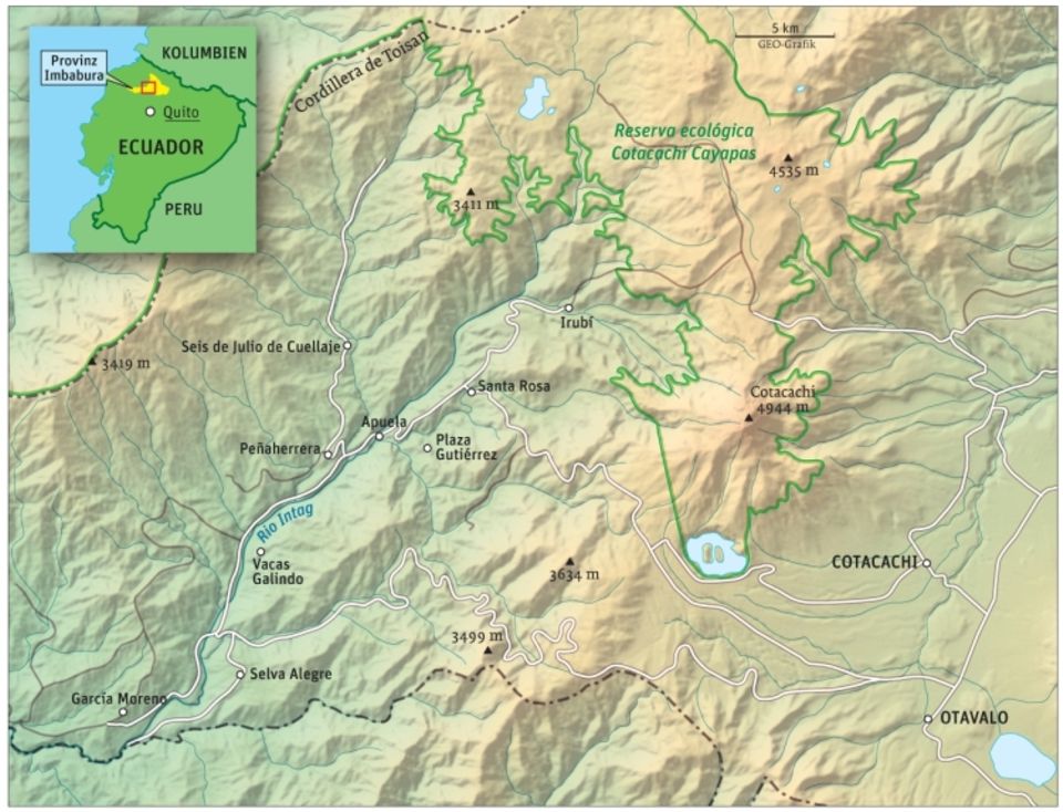 Ecuador: Die Projektregion Intag – im Norden das Waldschutzgebiet Cuellaje, begrenzt durch das Cotacachi-Cayapas-Naturreservat