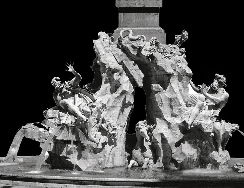 Ein Leben für Rom: Mit dem "Vier-Ströme-Brunnen" vollendet Bernini 1651 ein Sinnbild des päpstlichen Machtanspruchs: Unter einem Obelisken mit dem Wappen des Heiligen Vaters arrangiert er Flussgötter als Allegorien der vier Erdteile (hier: Río de la Plata und Donau)