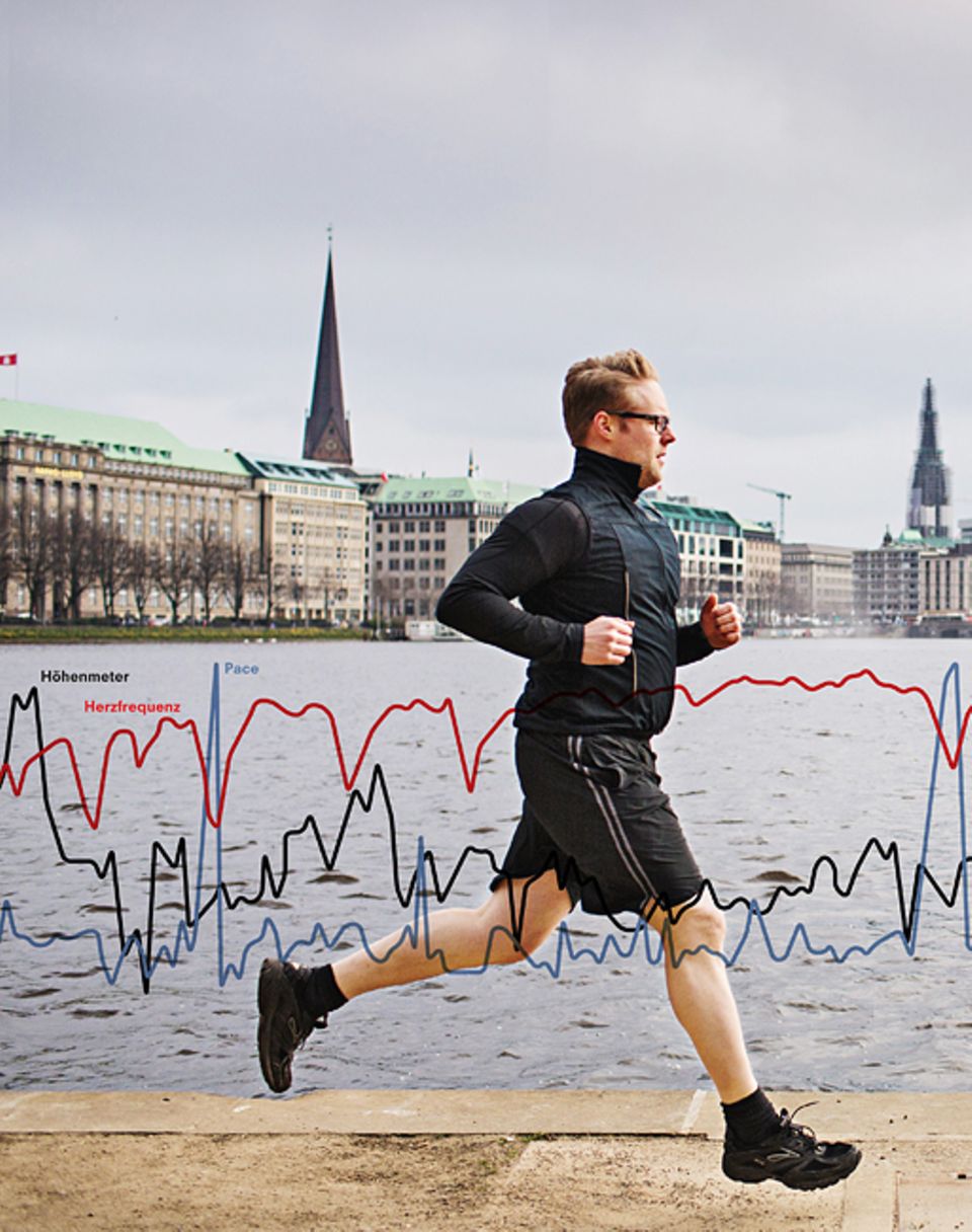 Wenn der Hamburger Arne Tensfeldt, 33, um die Aslter läuft, misst er Herzfrequenz, Höhenmeter und seine Pace (benötigte Minuten pro Kilometer) Wenn der Hamburger Arne Tensfeldt, 33, um die Aslter läuft, misst er Herzfrequenz, Höhenmeter und seine Pace (benötigte Minuten pro Kilometer)