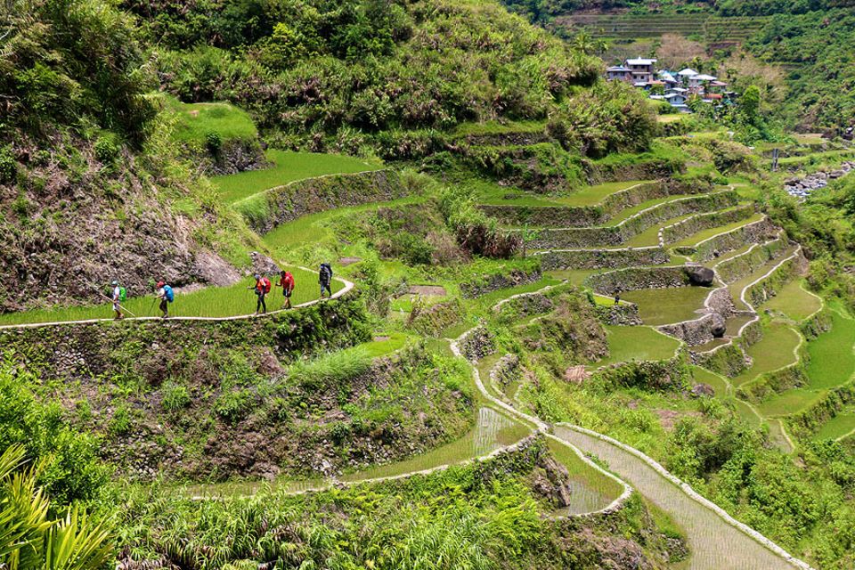 Philippinen: Auf dem Weg in das kleine Dorf Batad. Touristen, die an einer Wanderung durch die Reisterrassen der Ifugao teilnehmen, werden in einem typischen Haus im Tal die Nacht verbringen. Ein sogenannter Homestay Philippinen: Auf dem Weg in das kleine Dorf Batad. Touristen, die an einer Wanderung durch die Reisterrassen der Ifugao teilnehmen, werden in einem typischen Haus im Tal die Nacht verbringen. Ein sogenannter Homestay