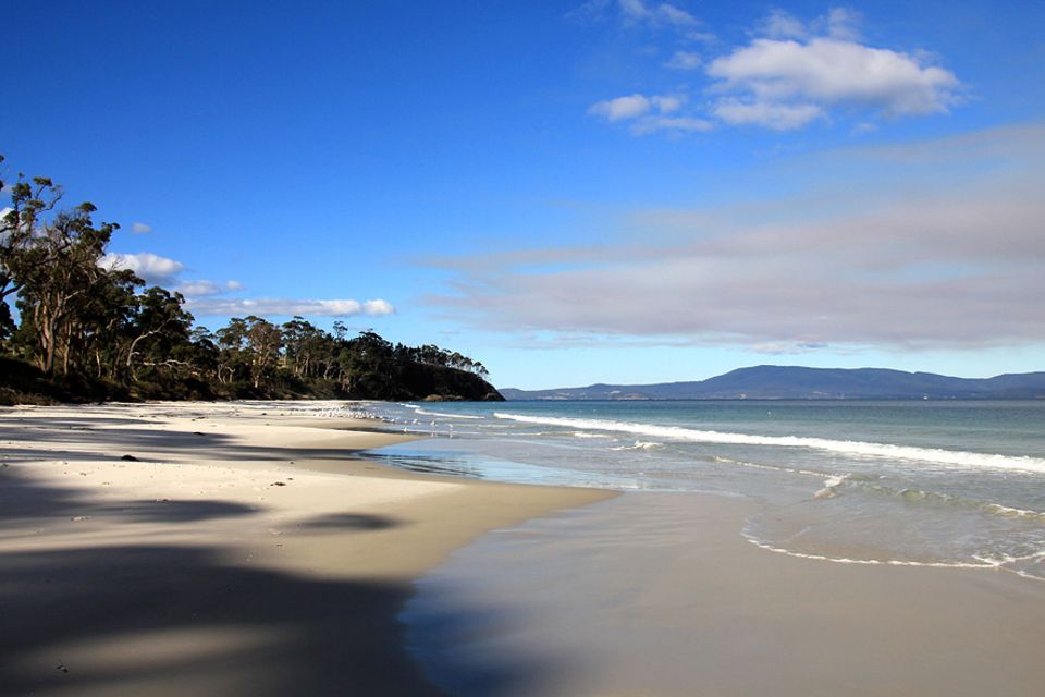 Roadtrip auf Tasmanien: Der Roaring Beach mag karibisch anmuten, doch die Wassertemperaturen sind mit bis zu 12 Grad gewöhnungsbedürftig Roadtrip auf Tasmanien: Der Roaring Beach mag karibisch anmuten, doch die Wassertemperaturen sind mit bis zu 12 Grad gewöhnungsbedürftig