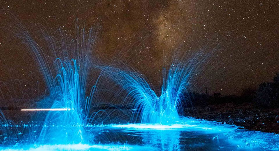 Meeresleuchten: Exotik pur: Blaue Wasserspritzer an einem tasmanischen Strand. Die Langzeitbelichtung lässt auch die Milchstraße sichtbar werden