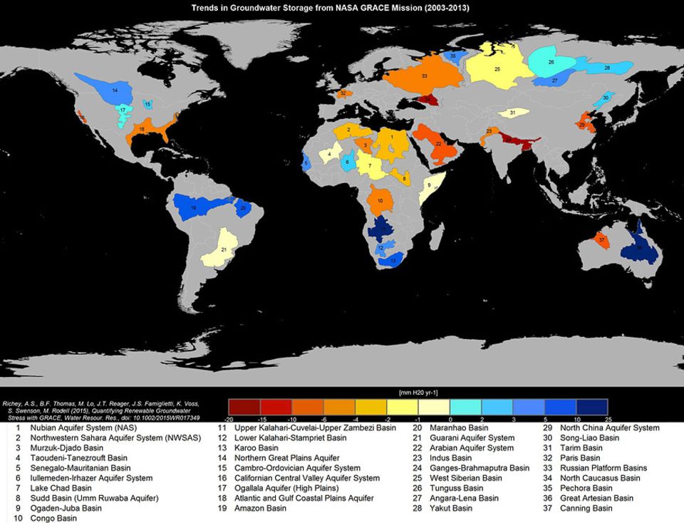 Geologie: Wo das unterirdische Wasser schwindet: Die Karte zeigt die 37 bedeutendsten Grundwasservorkommen der Erde - und ihren Erschöpfungszustand