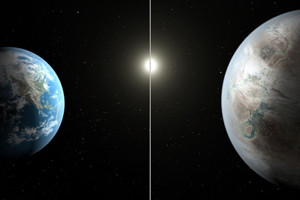 Weltraumforschung: Kepler-452b (r.) ist mit seinem 60 Prozent größeren Durchmesser etwas größer als unsere Erde (l.) Weltraumforschung: Kepler-452b (r.) ist mit seinem 60 Prozent größeren Durchmesser etwas größer als unsere Erde (l.)