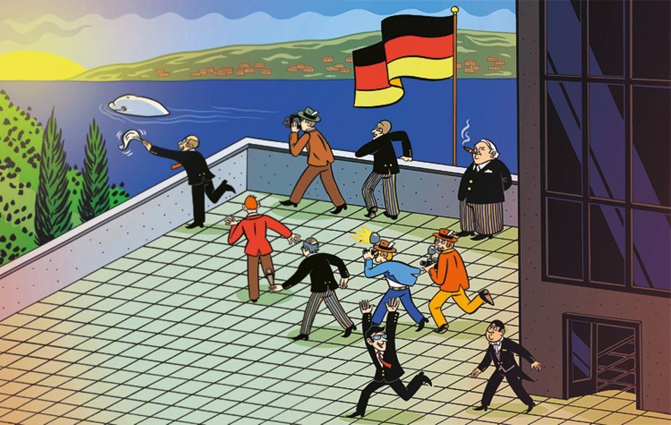 Schaltjahr: Als der Wal am Bundeshaus der damaligen westdeutschen Hauptstadt Bonn vorbeischwimmt, stürmen alle zum Fluss Schaltjahr: Als der Wal am Bundeshaus der damaligen westdeutschen Hauptstadt Bonn vorbeischwimmt, stürmen alle zum Fluss