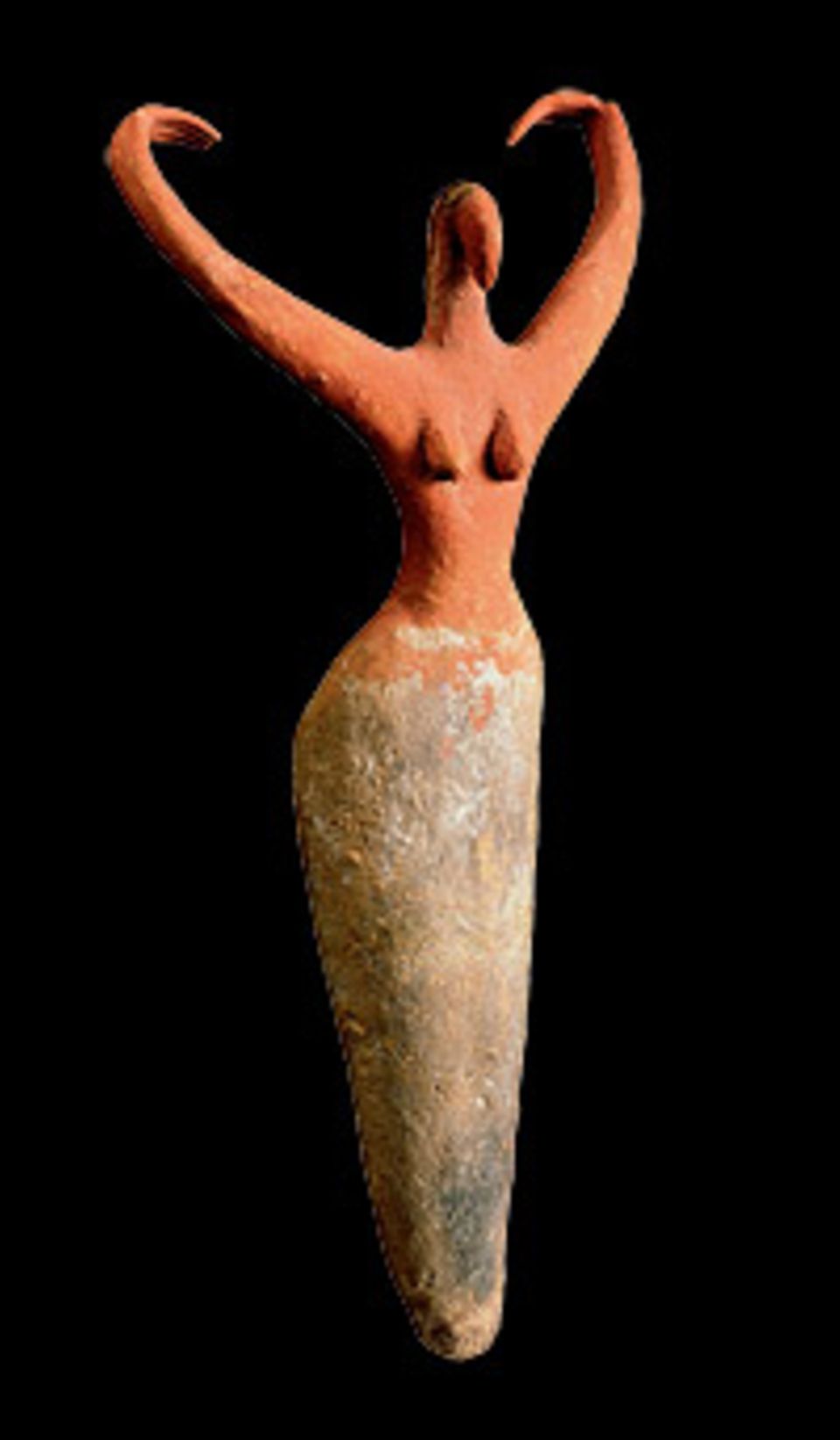 GEO EPOCHE Edition: Die Arme in die Höhe gestreckt, den Unterleib von einem Rock verhüllt, stellt diese Frauenfigur vermutlich eine Trauernde dar. Sie wird um 3400 v. Chr. aus bemalter Keramik gefertigt und einer Person mit ins Grab gelegt