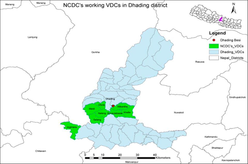 Nepal: Die Siedlung Sunaulo Bazaar gehört zum Bezirk Nilkantha (grün), südöstlich der Stadt Dhading Besi (roter Punkt), im Distrikt Dhading