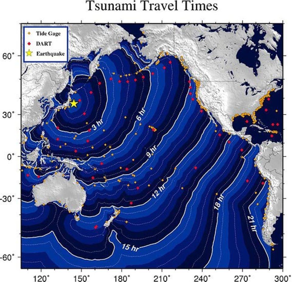 Erdbeben: Die Grafik zeigt die Ausbreitung der Tsunami-Welle vom Epizentrum vor der japanischen Küste