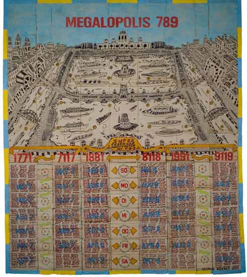 "Megalopolis": In der oberen Hälfte des Werkes, über den Kalendern und Pfeilen, liegt das Panorama einer symmetrisch angelegten Riesenstadt "Megalopolis": In der oberen Hälfte des Werkes, über den Kalendern und Pfeilen, liegt das Panorama einer symmetrisch angelegten Riesenstadt