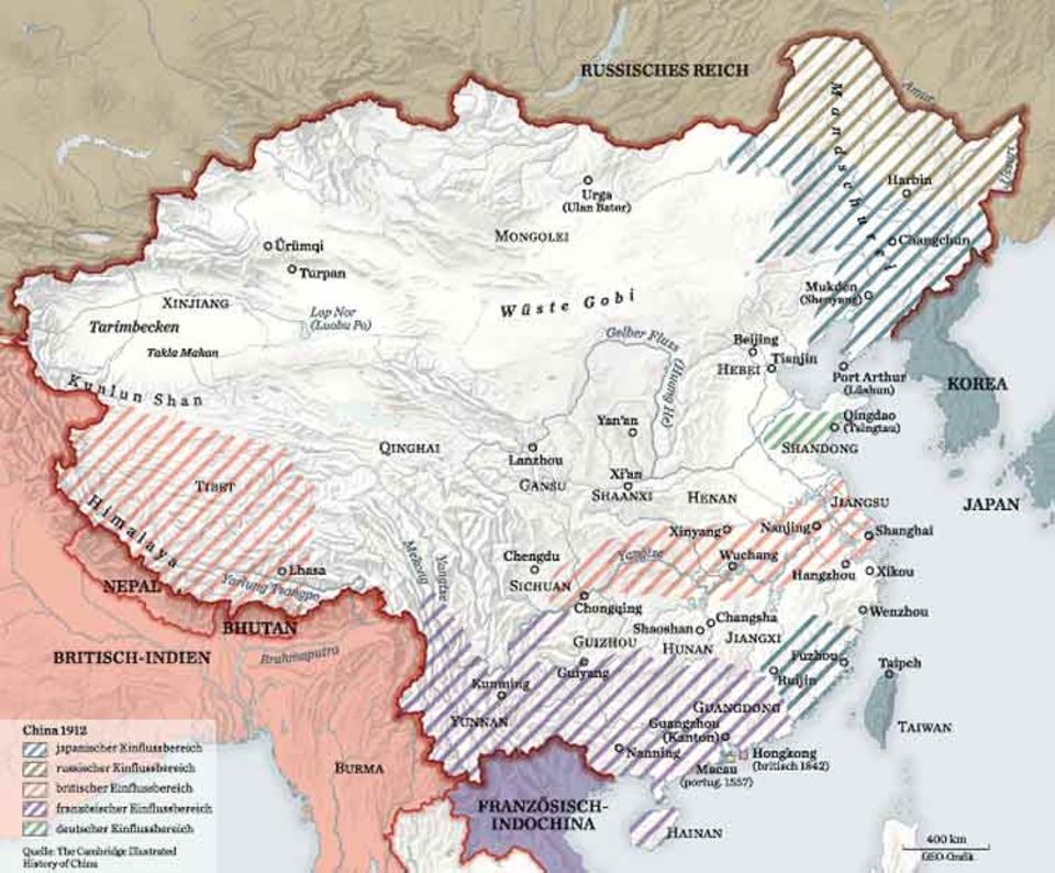 Als der Kaiser abdankt, ist China ein zerstückeltes Land: Etwa ein Drittel des Staatsgebiets steht unter ausländischem Einfluss (schraffiert), vor allem die Küstenregionen, wo sich unter anderem Großbritannien und Deutschland Vertragshäfen und Pachtgebiete gesichert haben Als der Kaiser abdankt, ist China ein zerstückeltes Land: Etwa ein Drittel des Staatsgebiets steht unter ausländischem Einfluss (schraffiert), vor allem die Küstenregionen, wo sich unter anderem Großbritannien und Deutschland Vertragshäfen und Pachtgebiete gesichert haben