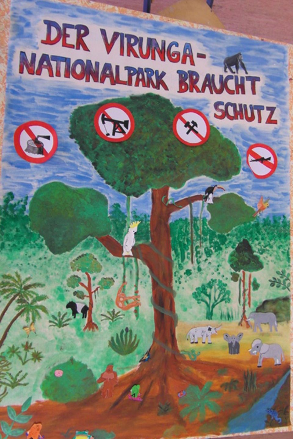 Plakat gegen die Zerstörung des Ökosystems im Virunga Nationalpark von Schülern und Schülerinnen der Christophorusschule Droyßig