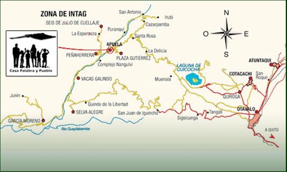 Karte der Intag-Region. Seit 2016 ist die Zugangsstraße von Otavalo durchgängig bis hin zum Zentrum Apuela geteert