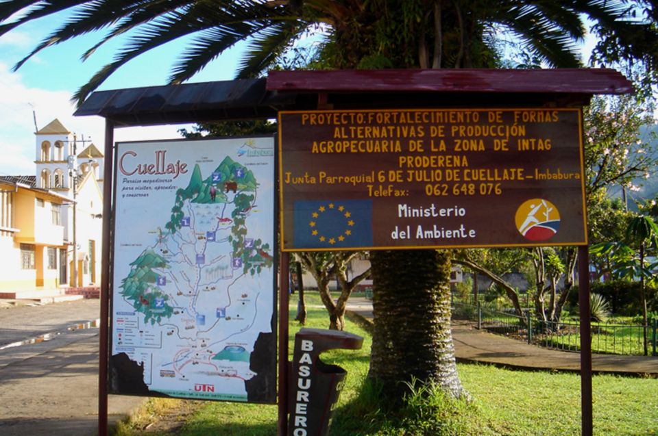 Am Dorfplatz, dem Mittelpunkt des öffentlichen Lebens von Cuellaje, informiert diese illustrierte Karte über die Waldschutzgebiete des Bezirks