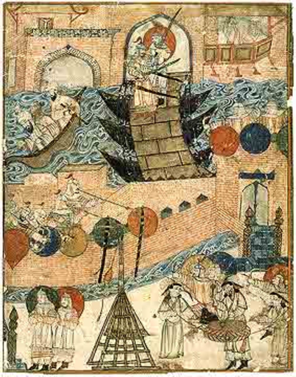 Die arabische Handschrift aus dem 14. Jh. zeigt mongolische Truppen beim Überschreiten des Tigris und der Eroberung Bagdads (1258) Die arabische Handschrift aus dem 14. Jh. zeigt mongolische Truppen beim Überschreiten des Tigris und der Eroberung Bagdads (1258)