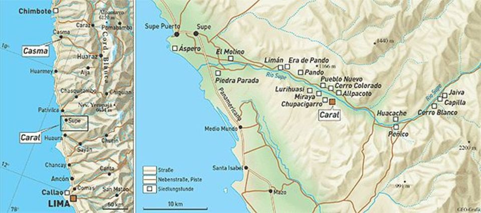 Peru: Im Stromtal des Rio Supe schufen die Bewohner von Caral urbare Flächen. Die zeitlich folgende Zivilisation etablierte sich 190 Kilometer weiter nördlich in Casma
