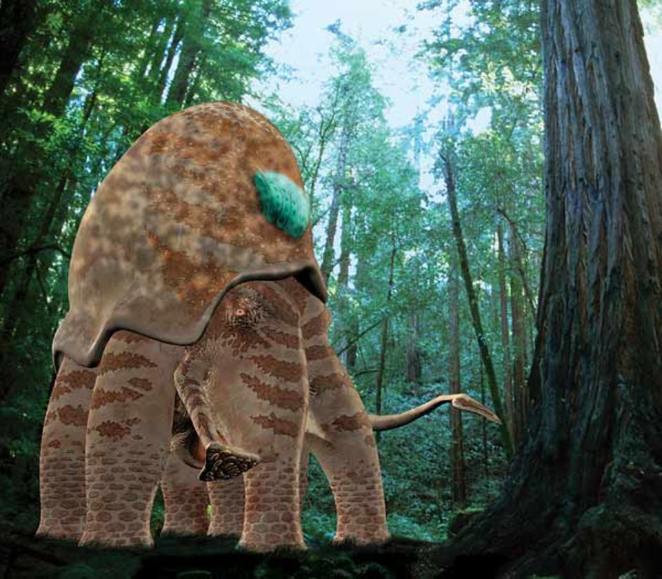 Ein Kolosskalmar mit etwa der Größe eines Elefanten bricht auf seinen kräftigen Beinen durch den Regenwald